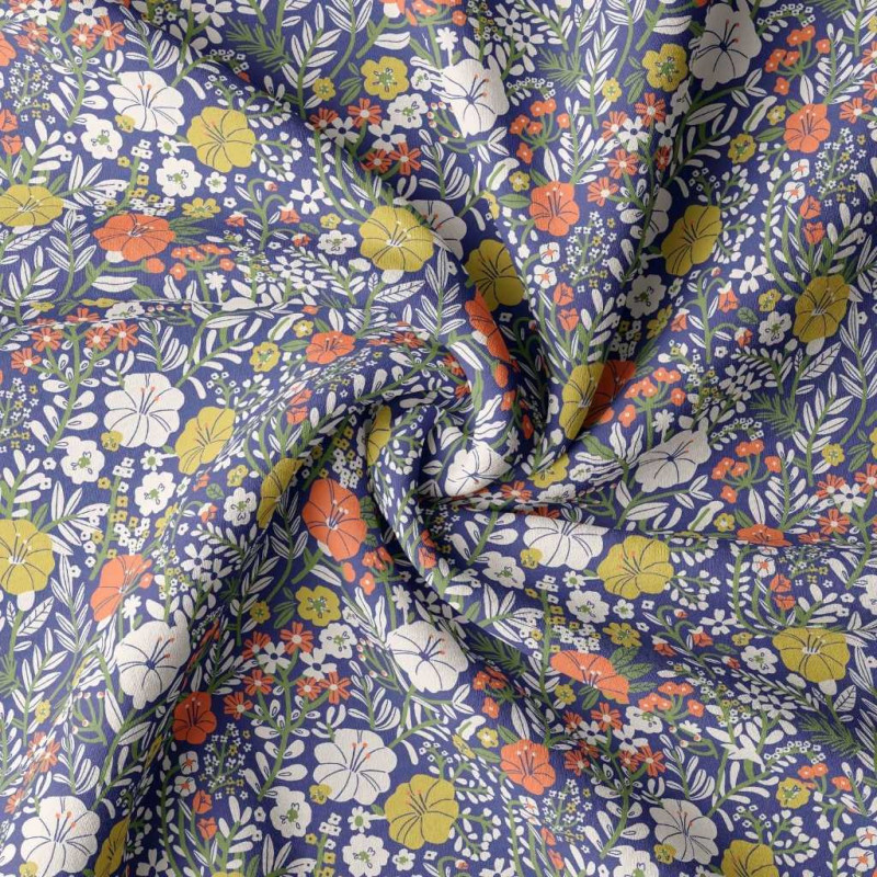 Printed Cotton BLOSY Cobalt / Carrot